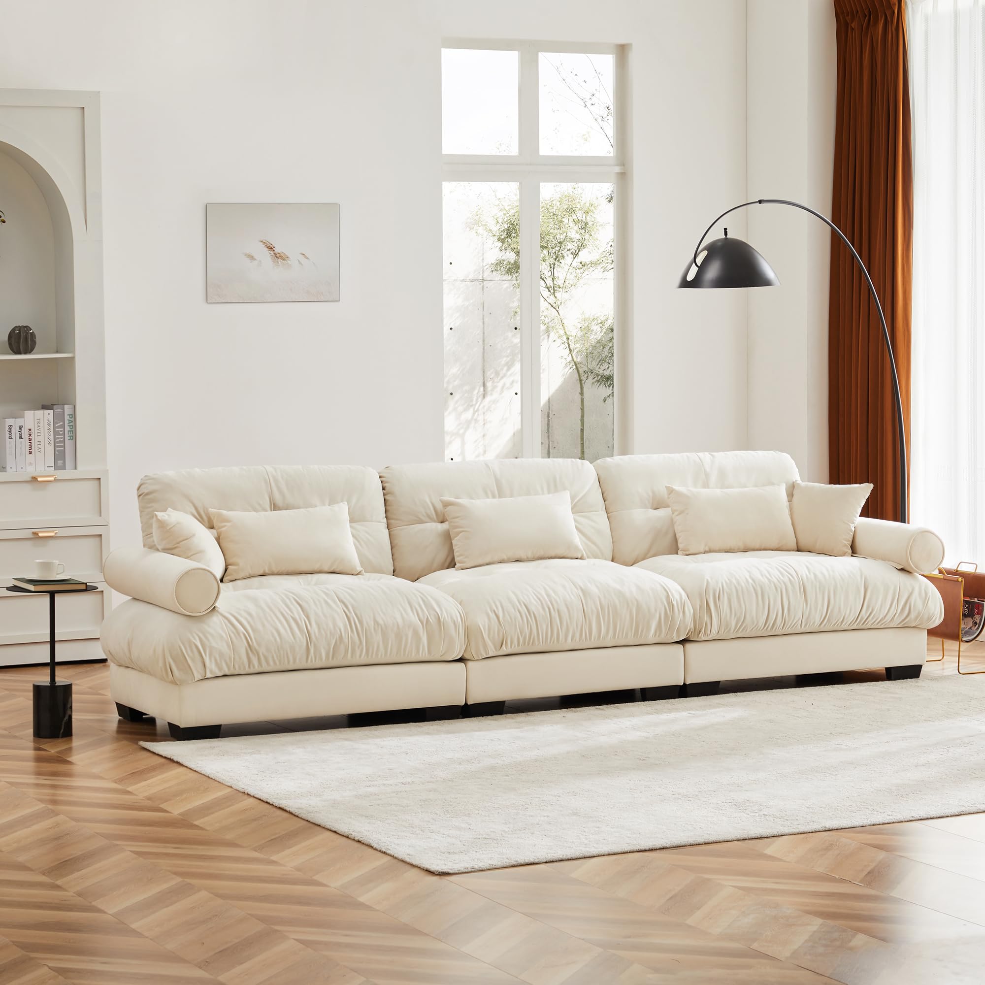 Ball &amp; Cast 130" Extra Large Sectional Sofa,3-Seater Oversized Modular Cloud Couch with Waist &amp; Throw Pillows,Deep Seat Velvet Fluffy Sofas for Living Room,Home Theater,Apartment,Velvet,Cream