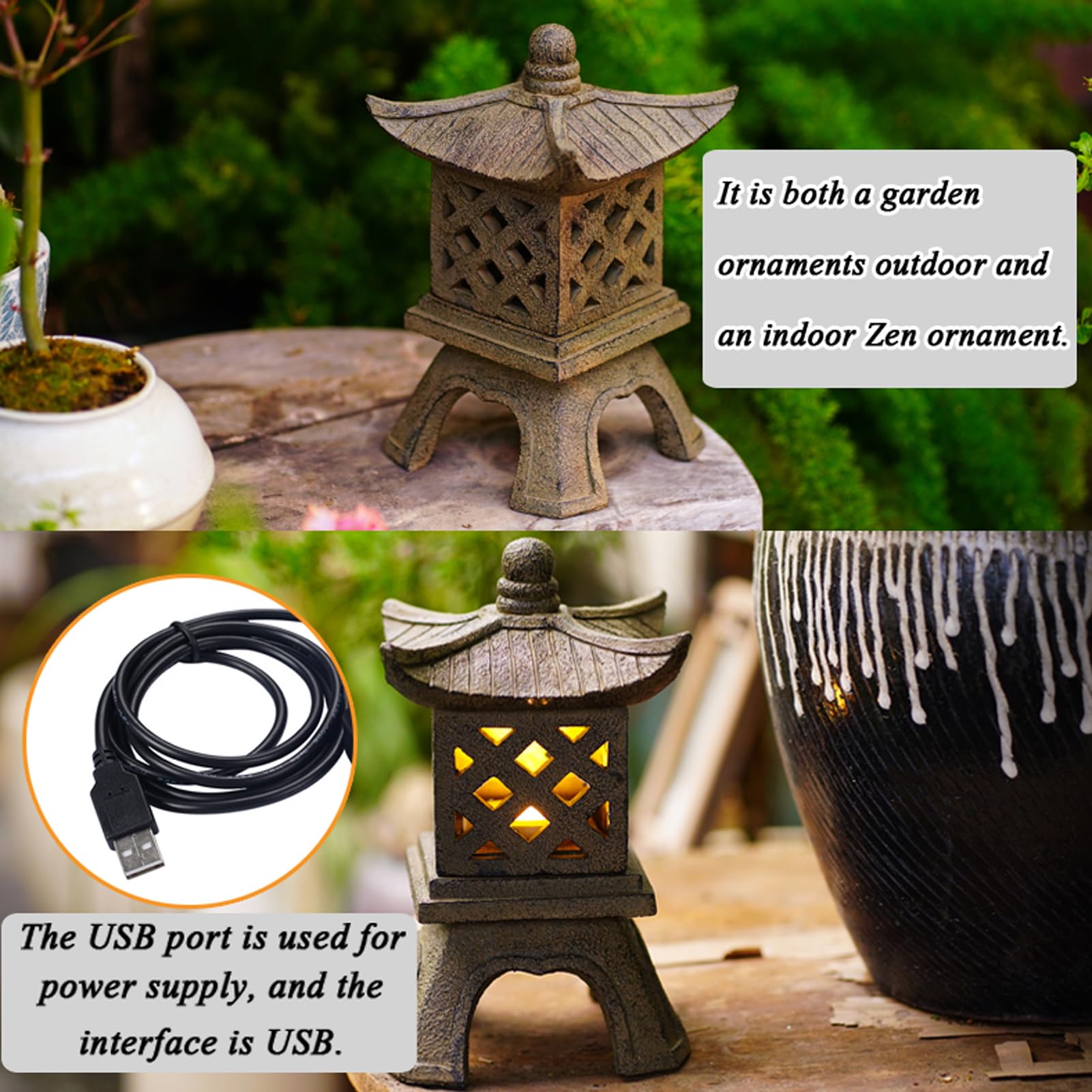 Statua a pagoda alimentata tramite USB, decorazione da giardino in resina impermeabile, ornamenti giapponesi per interni/esterni, patio, balcone, prato, casa