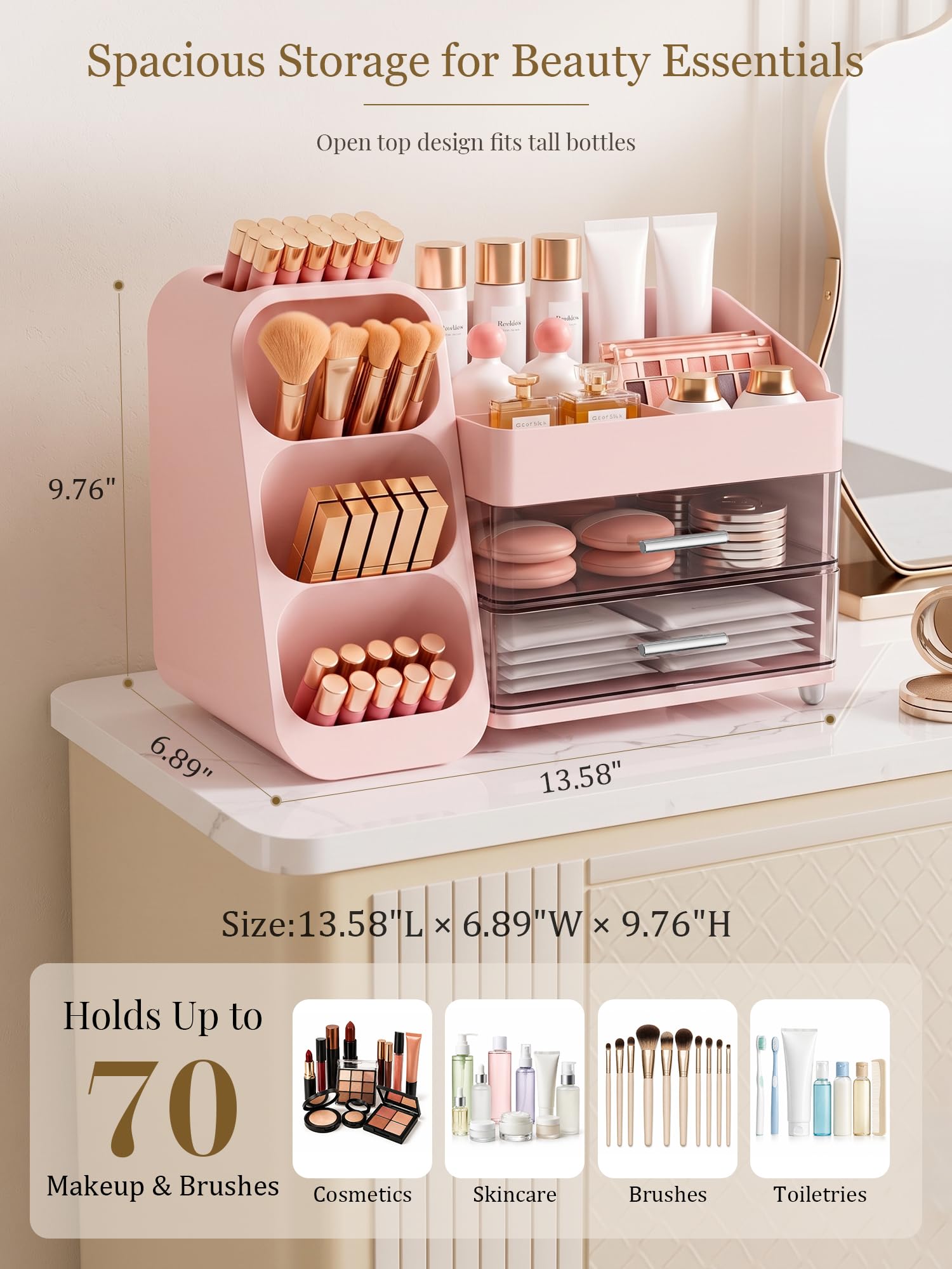Booklov Large Makeup Organizer for Vanity Countertop, Pink
