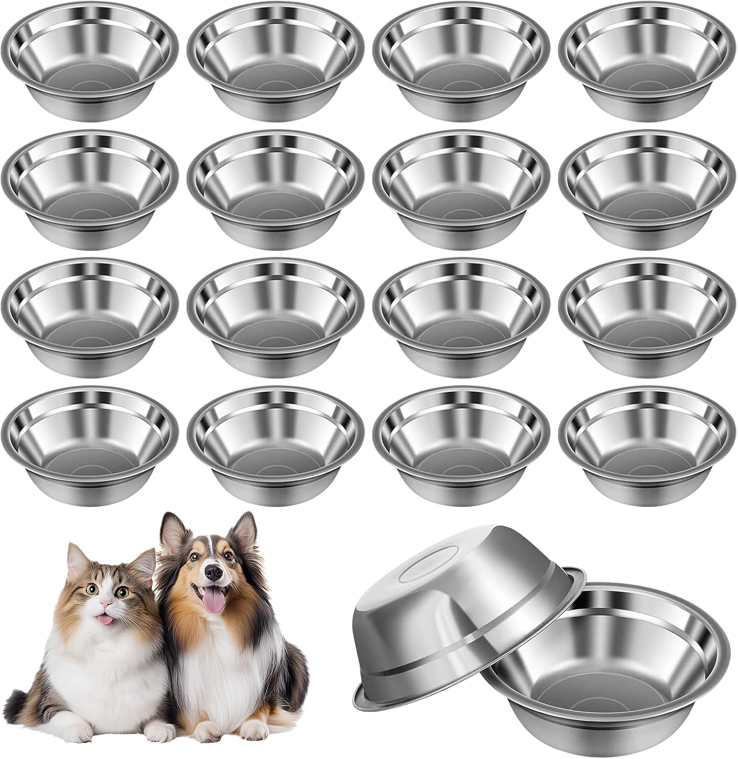 16 Pcs Pets Bowl Bulk 15 oz Pet Feeding Bowl Stainless Steel Dog and Cat Bowls Pet Feeder Metal Small Puppy Raised Food and Water Bowls for Small Medium Pets Supplies