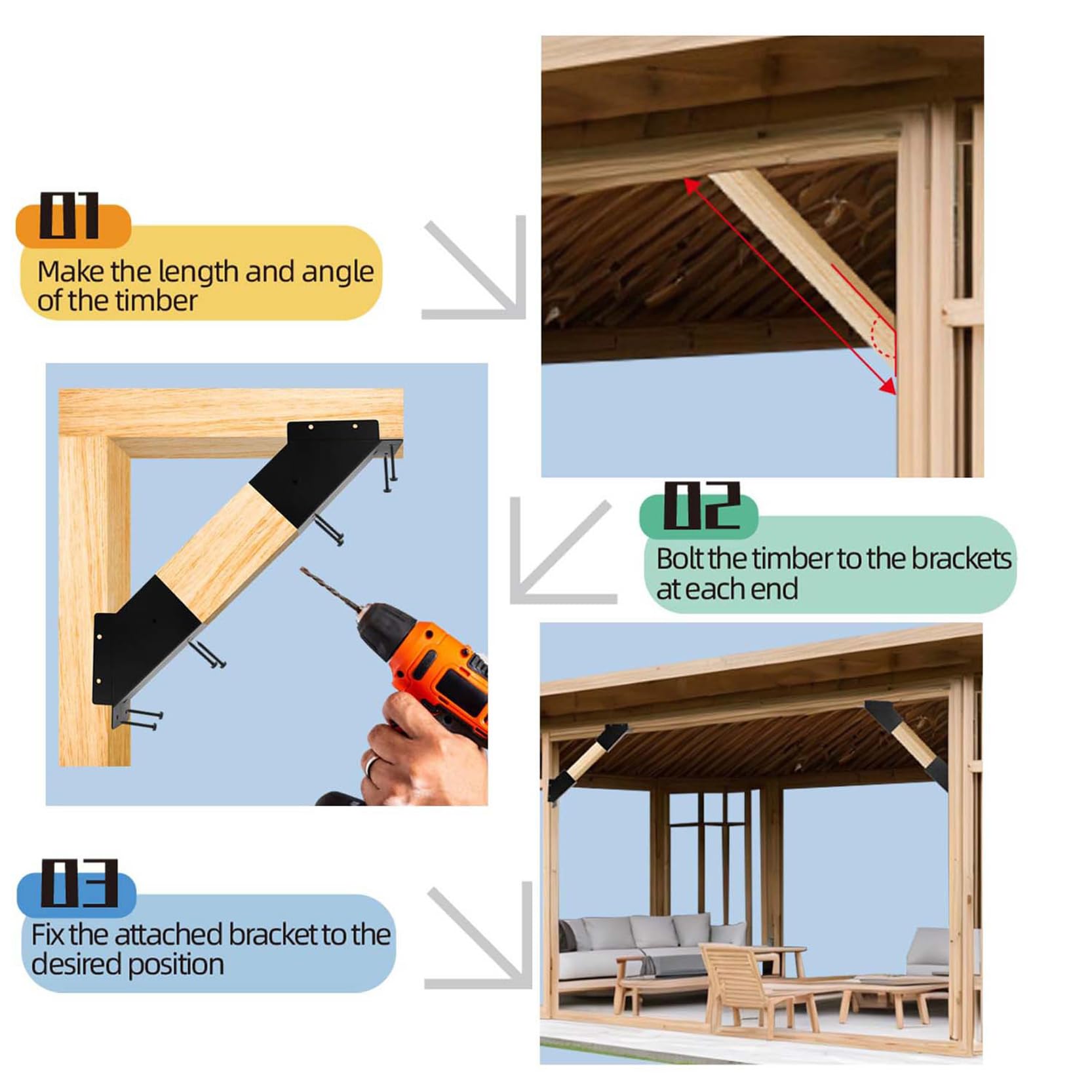 Paquete de 4 Soportes de Soporte de Ángulo de 45 Grados Kit de Soporte de Conector para Pérgolas Cenador Porche Cabina Soporte de Madera Elevado Kit de Soporte