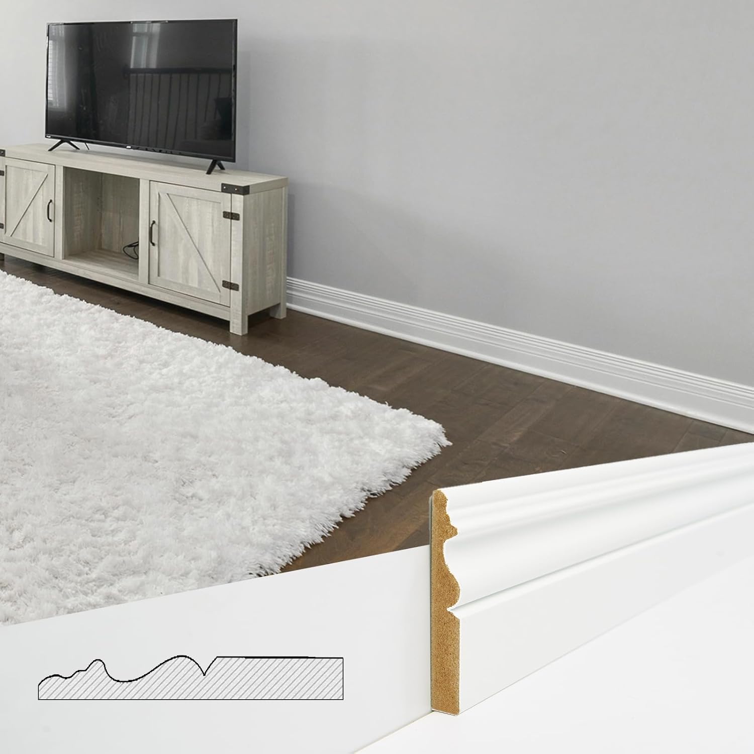 Art3d 8 Pack, 8 ft Each (64 ft Total) MDF Baseboard Wall Molding Trim, Skirting Board Panels, 4.17 in. High, Paintable, Warp-Resistant, Easy Installation for Living Room, Bedroom and Office (White)