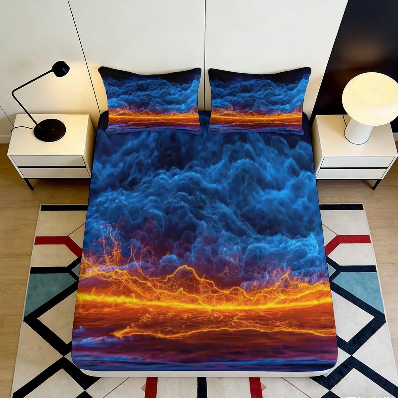 3D Printed Fire Cloud Fitted Sheet Microfiber Soft Mattress Cover for Bedroom Dorm Artistic Decor Protection 90x200x25cm