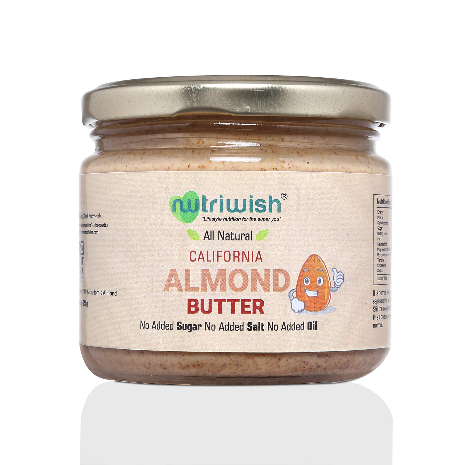 Nutriwish Almond Butter Bottle, 250 g - Unsweetened, No Added Oil, No Added Sugar, No Added Salt, 100% Natural