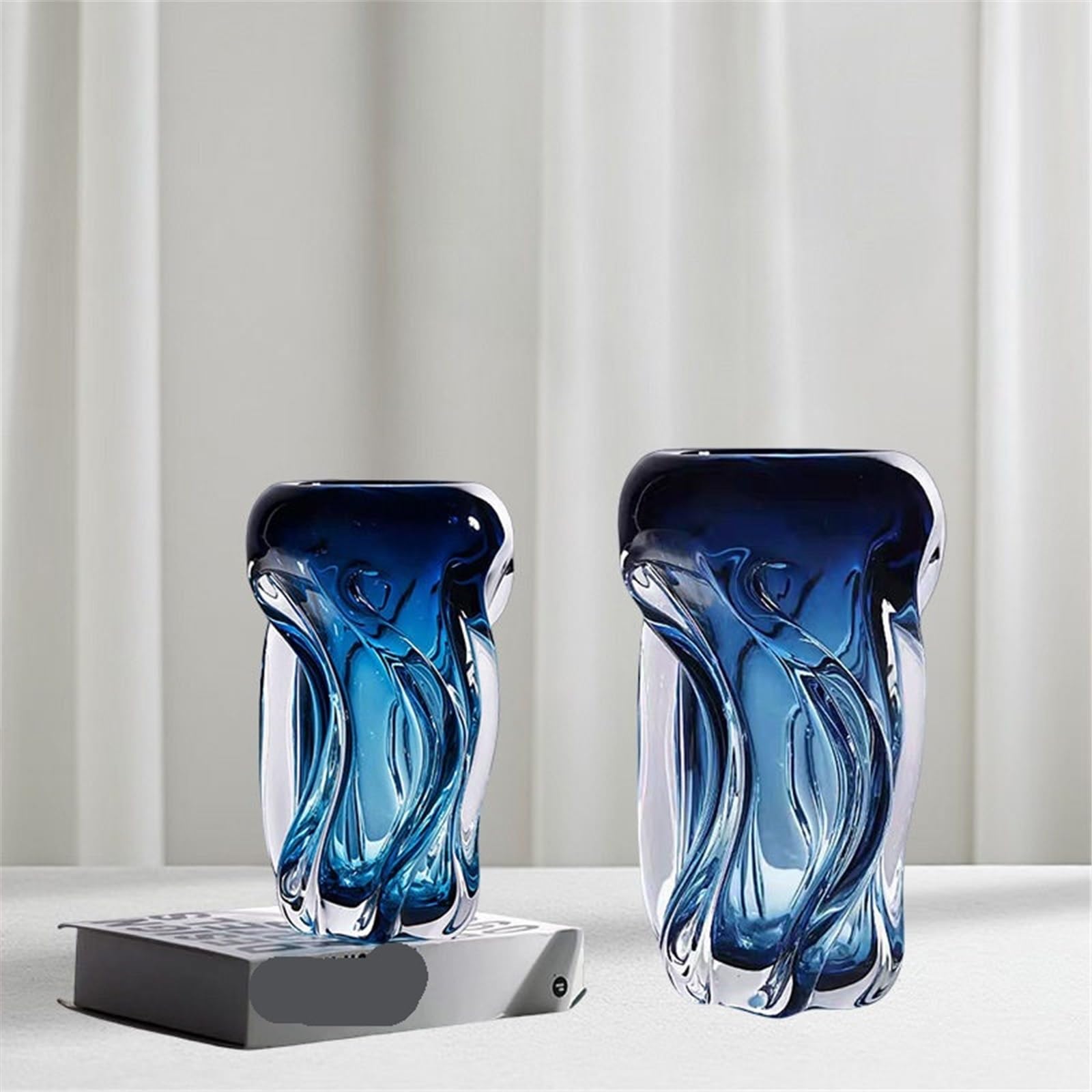 Jarrón Decorativo Decoración de Interiores Hecha a Mano, jarrón Cristal Azul Degradado con Onda Curvada, Arte único, decoración del hogar para Decorar el hogar(Pequeño)