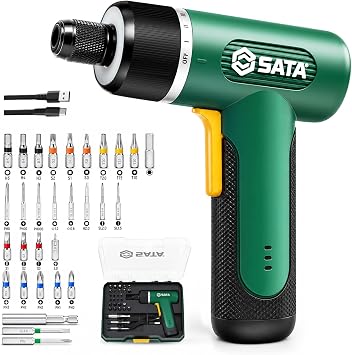 SATA 32-Piece Electric Screwdriver Set, 3.7V Cordless Screwdriver with 1/4" Hex Chuck, 2000mAh USB-C Rechargeable Battery, Up to 5Nm Torque for Furniture Assembly, Home Repair & Garage Projects