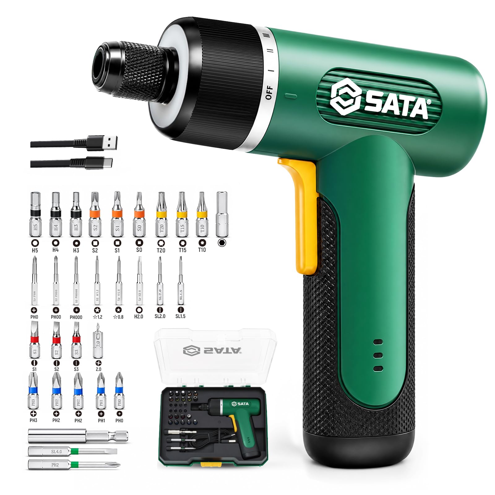 SATA 32-Piece Electric Screwdriver Set, 3.7V Cordless Screwdriver with 1/4" Hex Chuck, 2000mAh USB-C Rechargeable Battery, Up to 5N·m Torque for Furniture Assembly, Home Repair & Garage Projects
