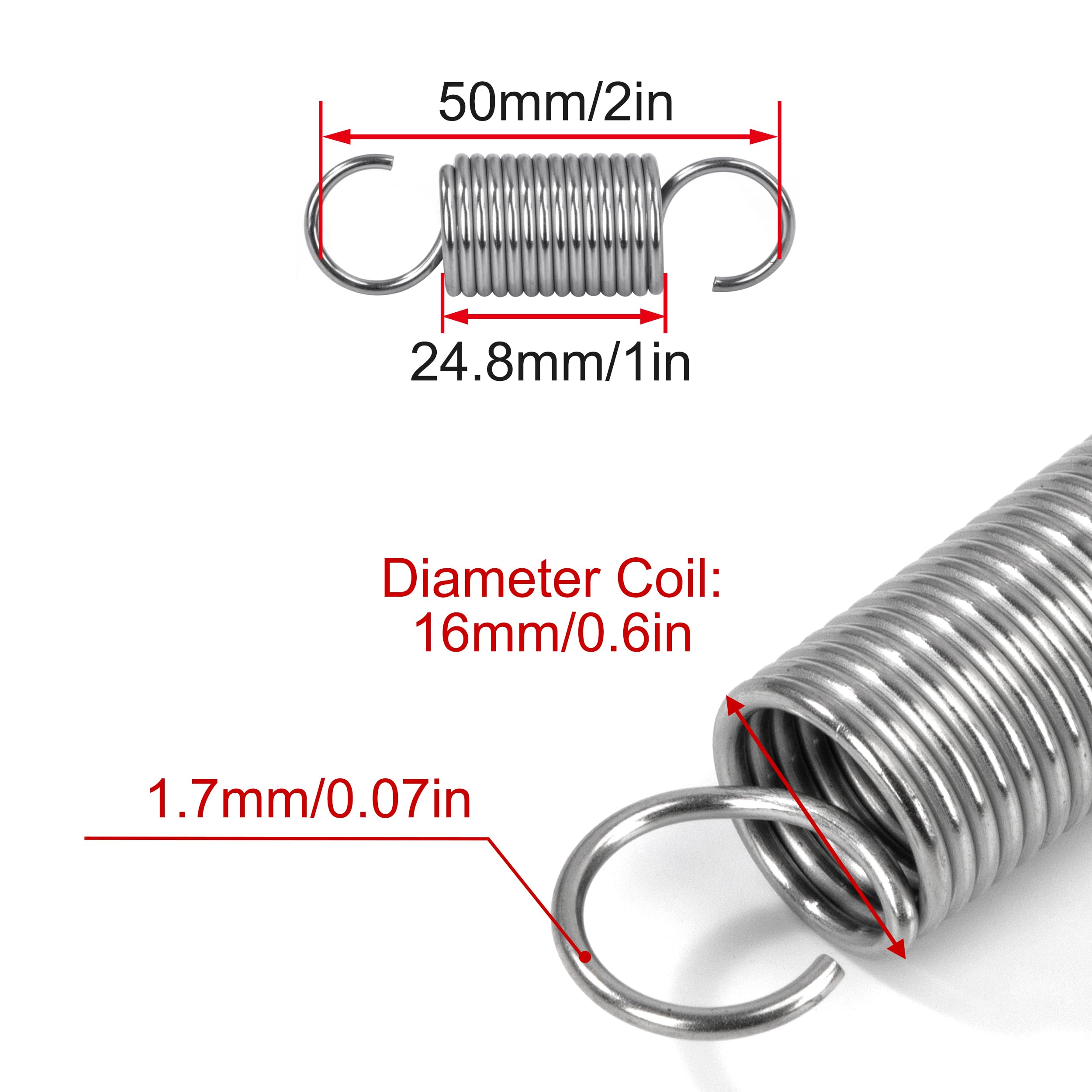 Sprężyny przedłużające 50 mm Sprężyny naciągowe z hakiem Sprężyna ze stali nierdzewnej Średnica zewnętrzna 16 mm Drut Średnica 1,7 mm Siła Sprężyna 4,4 kg 4 szt
