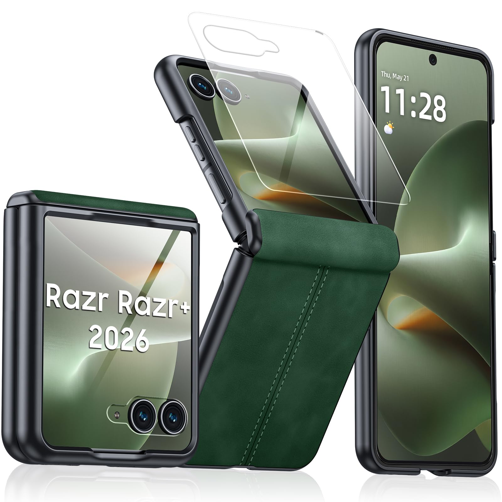 for Motorola Razr+ Plus 2026 Case/Razr+ Plus 2025 Case with Hinge Protection &amp; Built-in Outer Screen Protector, PU Leather Matte PC Shockproof Cover, Ultra Slim Case for Razr+ 2026/2025-Green
