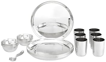 Steelcraft Premium Stainless Steel Royal Dinner Set 30 Pcs, High Grade Quality-with Silver Touch Finish, Kitchen Set for Home, Made in India, Steel Colour