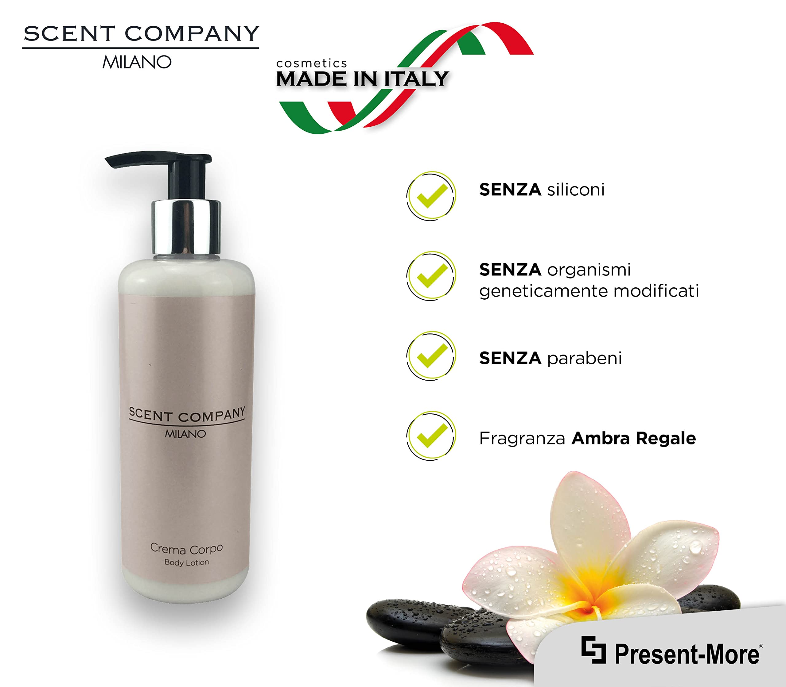Present-More Body Lotion 300ml Scent Company Milano - Körpercreme 15 Stücke für Hotels und B&B | Körpercreme mit Duftnote Royal Amber | Body Lotion ohne Gentechnik – Duft Bernstein – Made in Italy – Ideal für Hotels und B & B