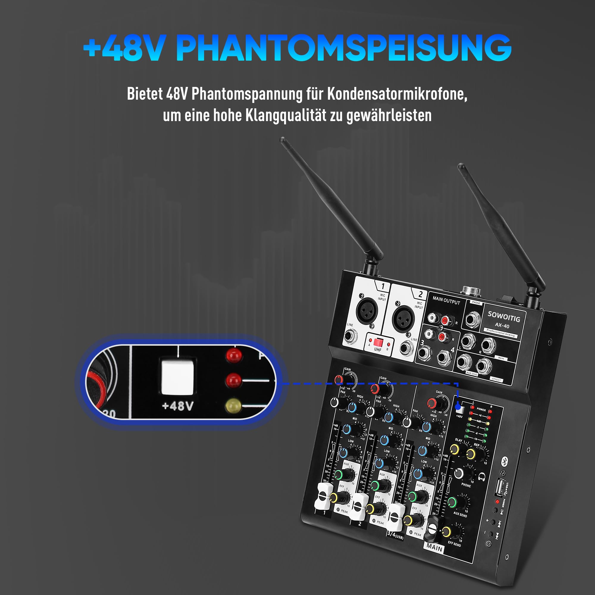 Table de mixage karaoké avec 2 microphones sans fil, table de mixage audio 4 canaux DJ, console de son, microphone sans fil, avec Bluetooth, port USB, alimentation fantôme 48 V pour