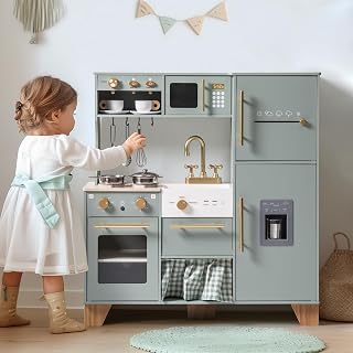 ROBOTIME Wooden Play Kitchen for Kids 3+ - Pretend Kitchen Set with Fridge, Ice Maker, Coffee Maker - Toddler Toy Gift for Boys & Girls