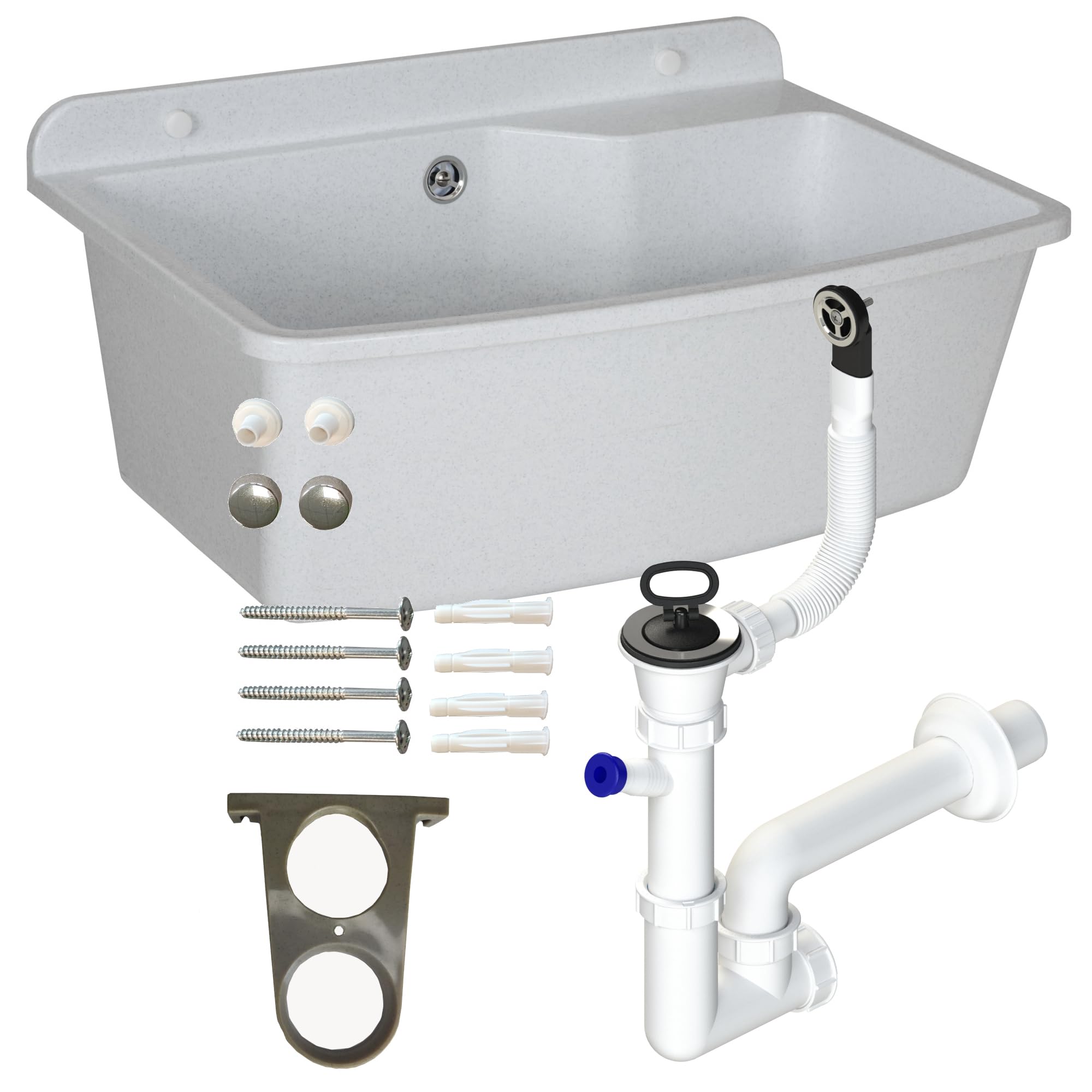 Lavabo con sifón de plástico blanco granito, 61 cm de longitud, instalación de agua, para cocina, baño, resistente