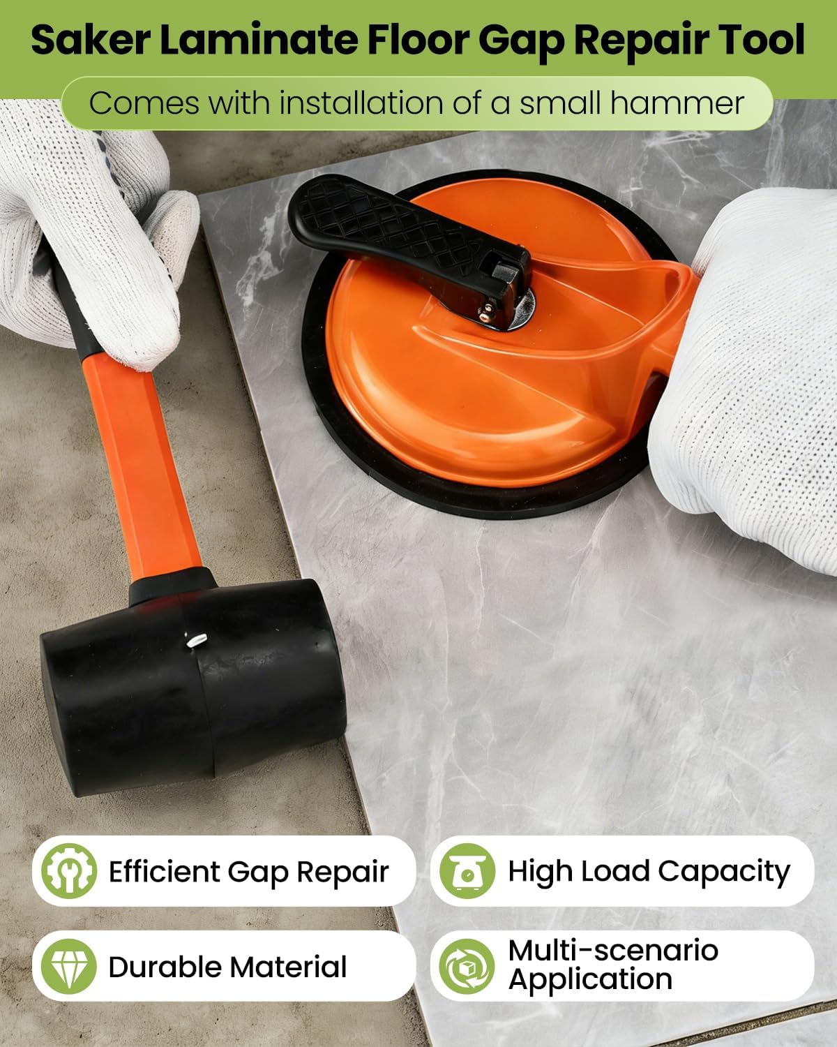 Saker Laminate Floor Gap Repair Tool,Suction Cup Lifter with Rubber Mallet,Floor Gap Repair Kit,for Floating Wood Floors and Moving Glasses (Orange)