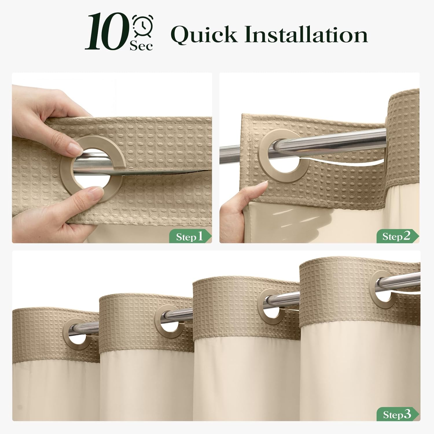 Dynamene Hook Free Stall Shower Curtain & Snap in Fabric Liner with Magnets, 60 Inch Wide Waffle Shower Curtains, Mesh Top Window, 3 in 1 Shower Curtain and Liner Set, 60" W x 75" L, Beige