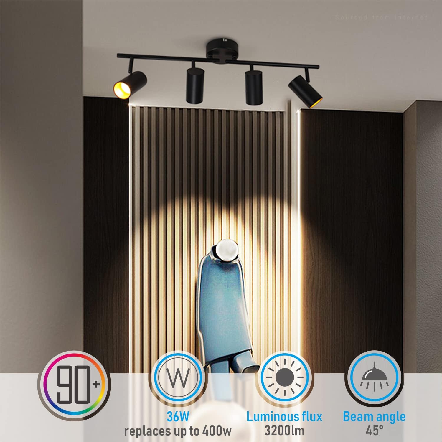 LEONLITE 36W 5CCT LED Track Lighting Fixtures Ceiling Dimmable, 4 Light Directional Track Fixture Flush Mount, 110-277V, CRI90, 3200lm, COB Spotlight Ceiling Light Indoor, Aluminum, Anti-Glare, Black