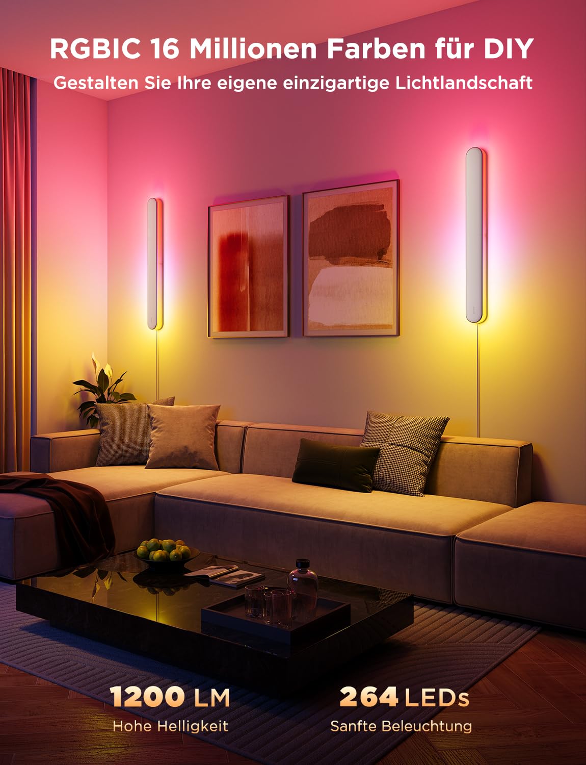 Govee RGBICW Wandleuchte Innen 1200lm Smart LED Wandlampe Musik-Sync 1Stück | Smart Wandleuchte Kompatibel mit Matter, Alexa & Google Assistant, Indirekte Beleuchtung für Wohnzimmer, Treppe, Flur