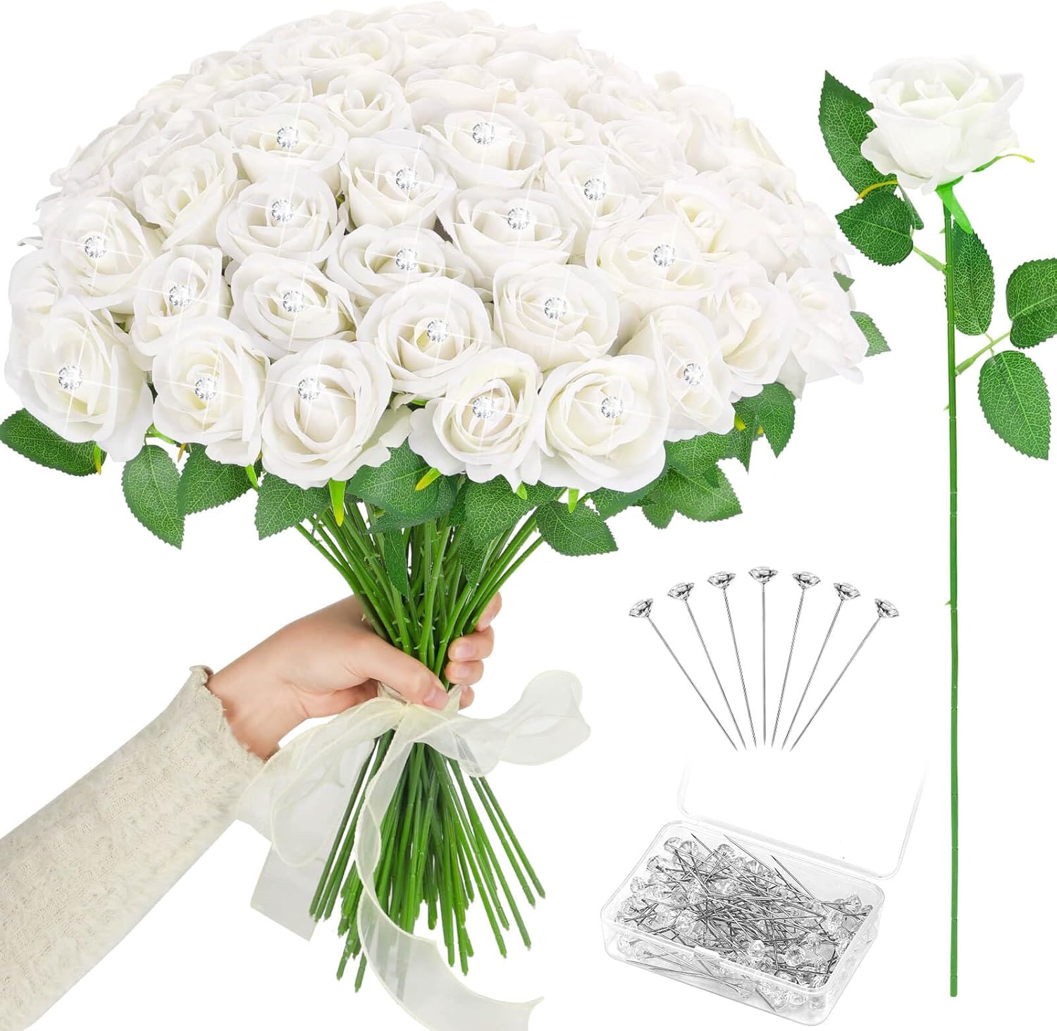 Caffox 70PCS White Rose Artificial Flowers with 50PCS Diamond Pins for Bouquets, Fake Silk Roses Flower for Home Decoration Wedding Party Table Centerpieces
