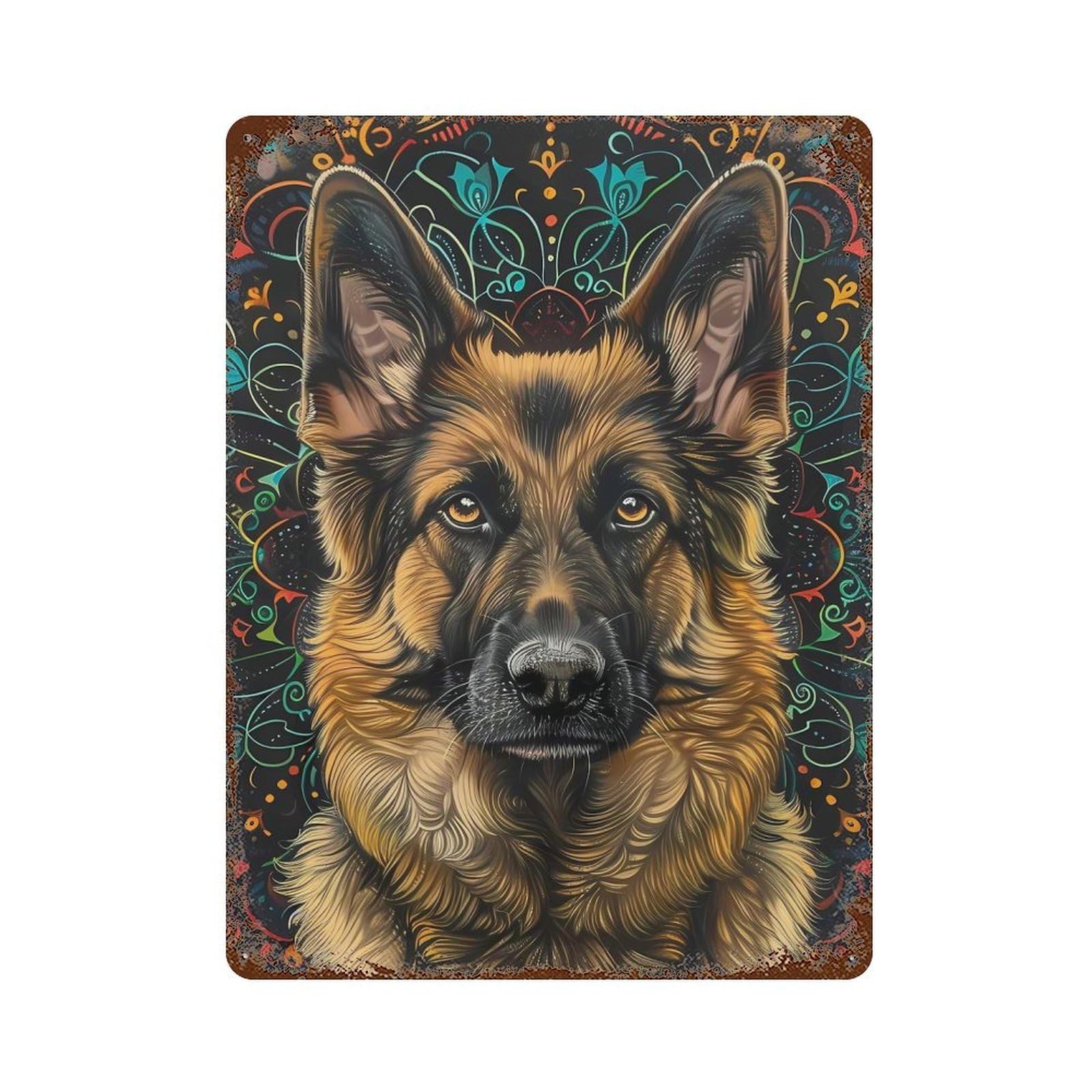 Garage Style Mandala German Shepherd Decorative Tin Sign 15.7"x11.8", Farmhouse Wall Decor for Bar And Workshop