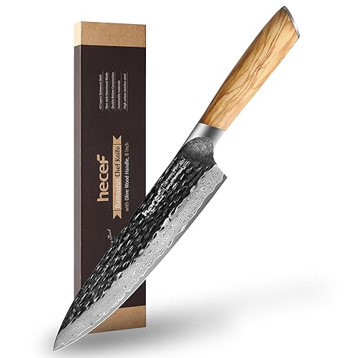 hecef Unlock Chef-Level Skills with The Professional Chef Knife - Ultra Sharp Damascus Steel 67 Layer Blade, Ergonomic Olive Wood Handle