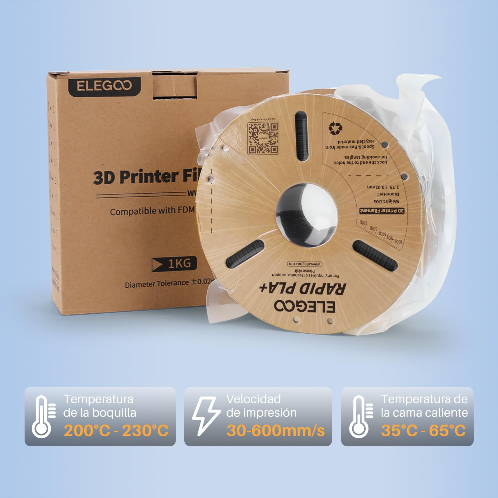 ELEGOO Filamento PLA+ Alta Velocidad 1.75mm 1KG Negro, 30-600mm/s, Precisión Dimensional +/- 0.02mm