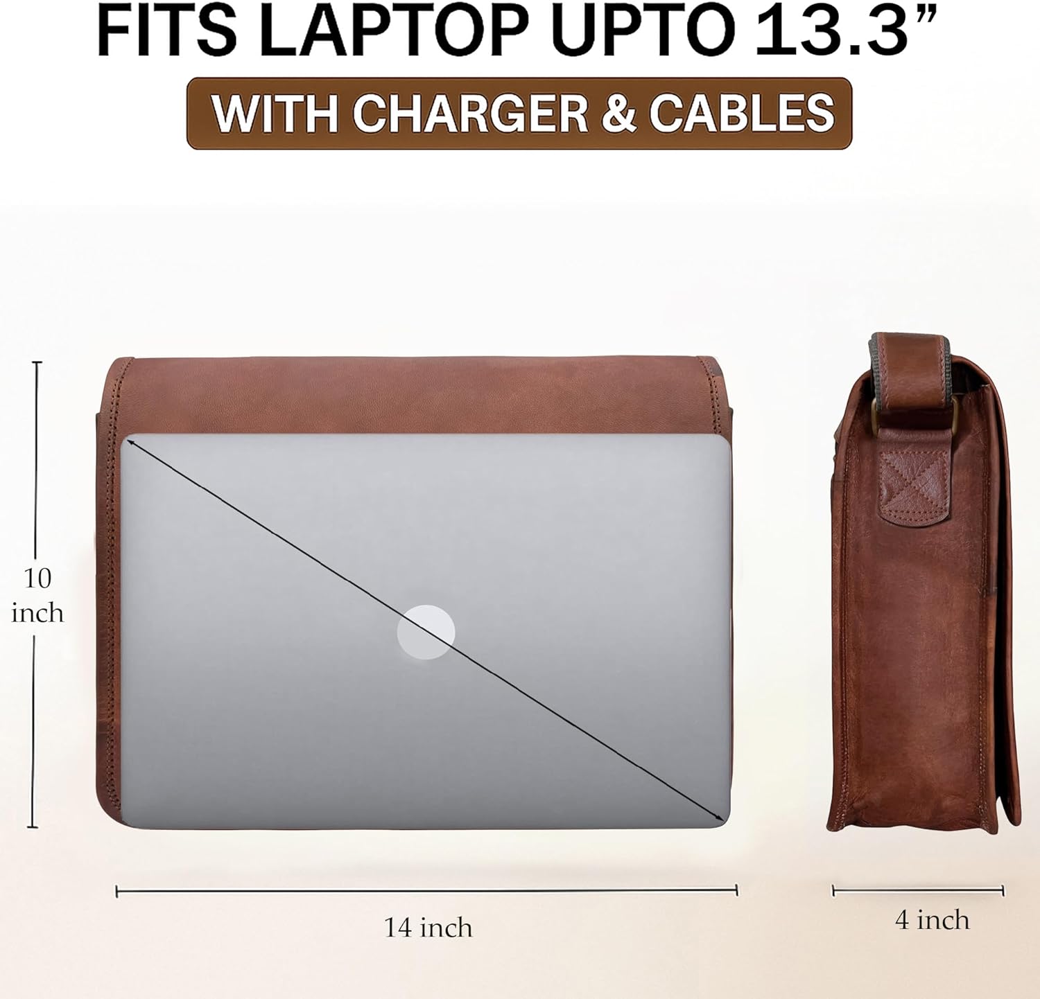 RUSTIC TOWN 14" Leather Messenger Bag for Men & Women – Full Grain Vintage Crossbody Satchel – Fits 13.3"/14" Laptop – Ideal Briefcase for Work, Travel & College – Adjustable Shoulder Strap - Image 4