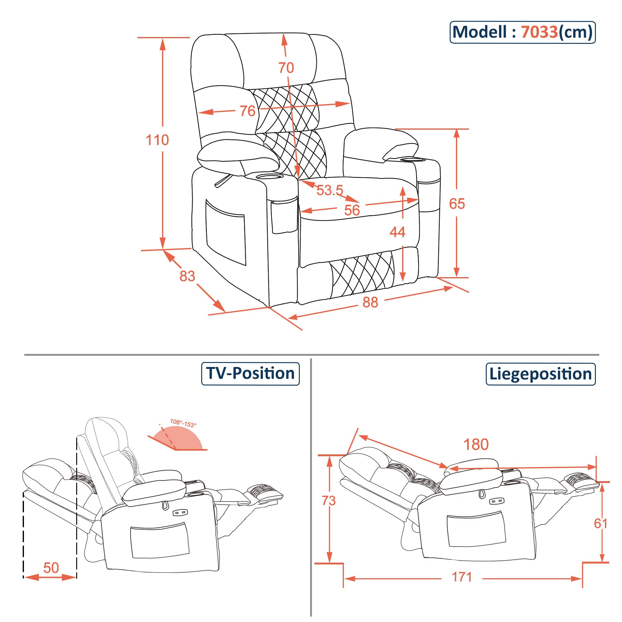 M MCombo Relaxsessel mit Liegefunktion, Fernsehsessel Elektrisch Verstellbar, TV Sessel, Recliner Chair, Atmungsaktiver Kunstleder, USB & Getränkehalter, Wohnzimmer, 7033 (Braun)