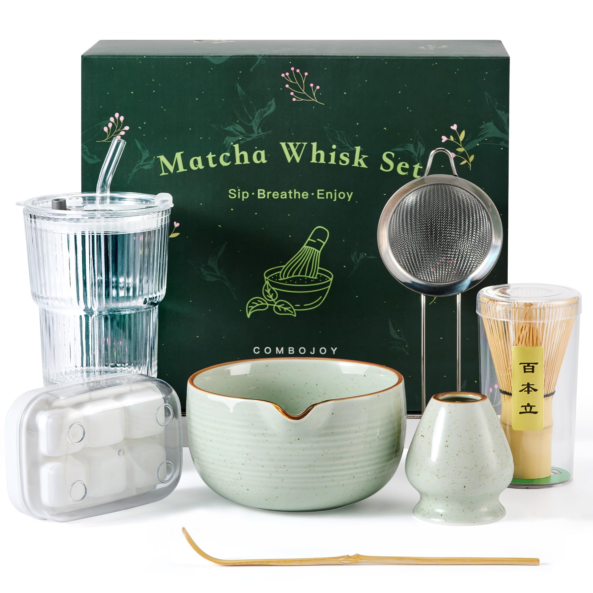 ComboJoy Matcha-Besen-Set, komplettes Matcha-Set mit Schale, Bambusbesen und Halter, Löffel, Sieb, Glas mit Deckel und Strohhalm, Eiswürfelform – Geschenkset für Matcha-Liebhaber