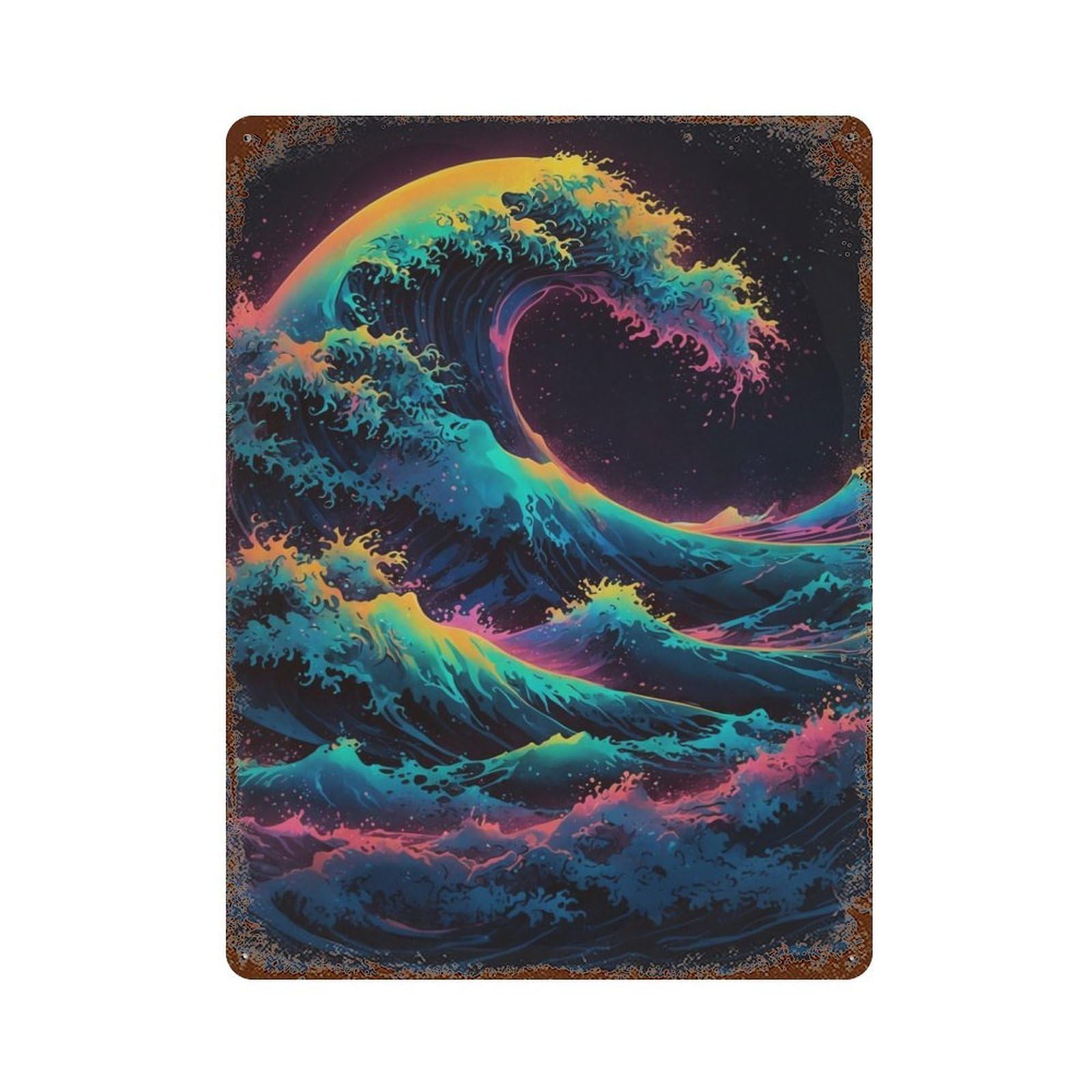 Garage Style Kanagawa Great Wave Ocean Rust Effect Tin Sign 15.7"x11.8", Classic Wall Plaque for Bar And Workshop