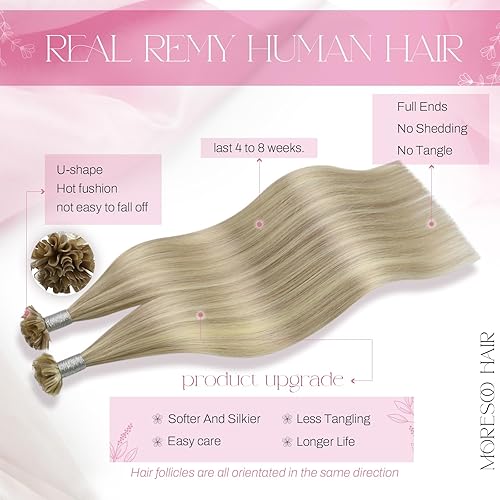 Miniatura 2 de Moresoo Extensiones de cabello humano rubio Utip con punta en U, extensiones de cabello humano rubio fusión caliente, extensiones de cabello humano