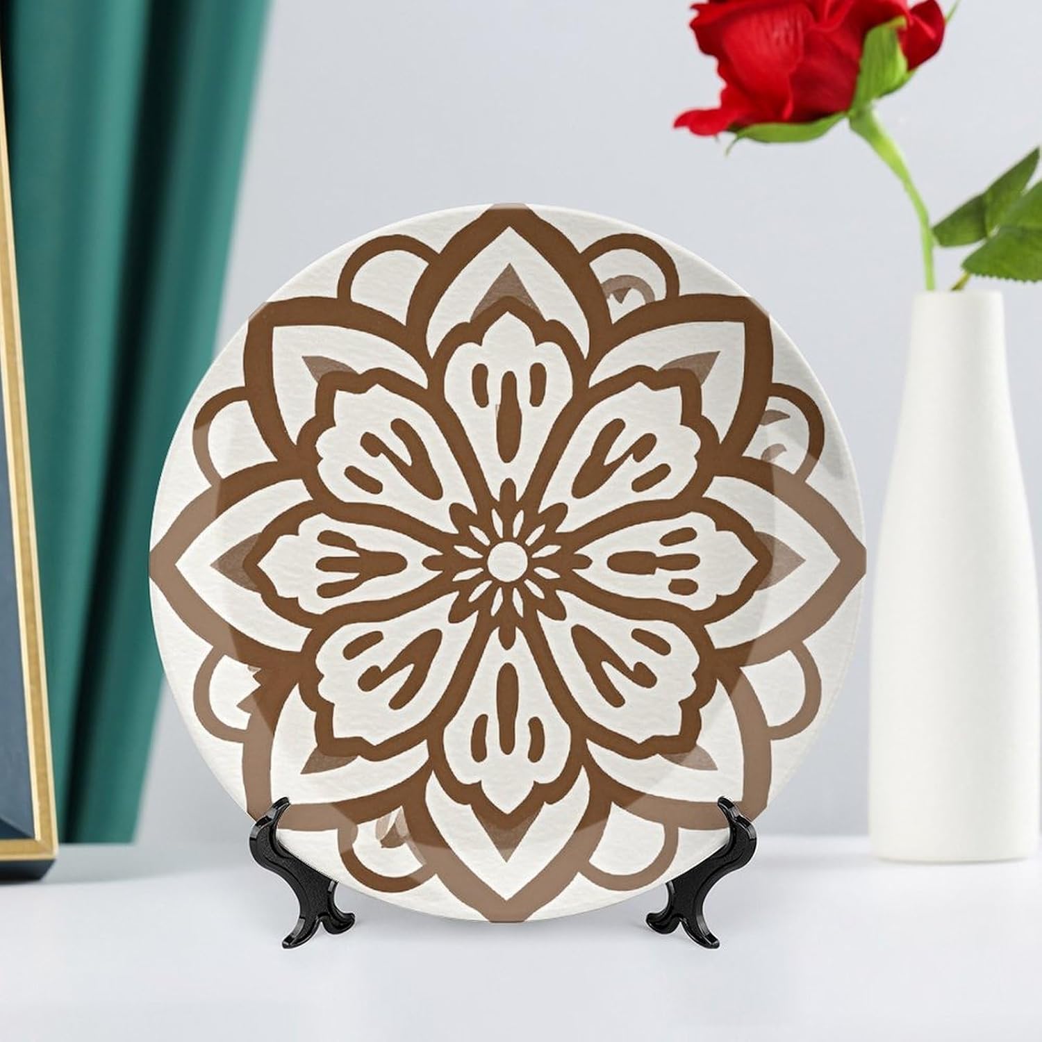 Brown Outline Flower Decorative Ceramic Plate Round Porcelain Plate Decor Personalized Bone China Decorative Plates Ceramic Ornaments Dessert Plates with Display Stand 10inch