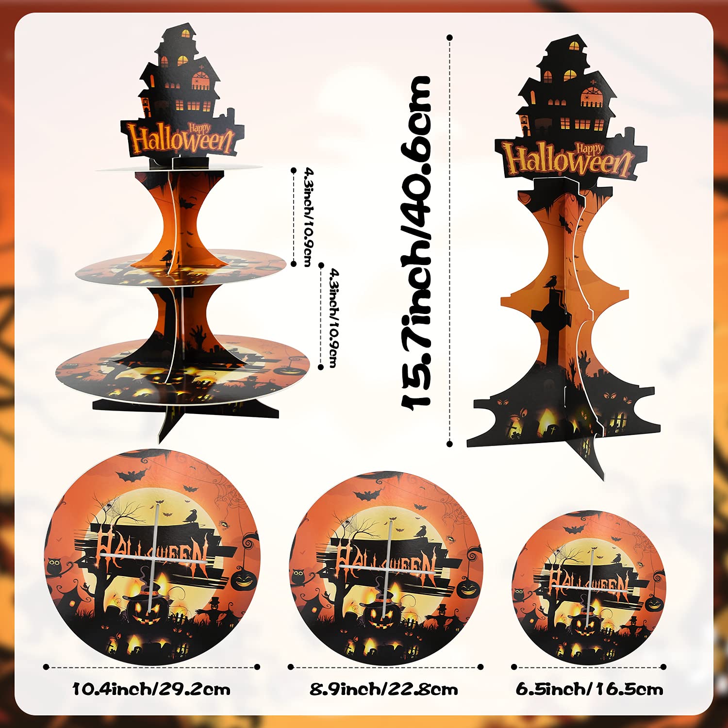 3-stöckiger Halloween-Cupcake-Ständer Aus Pappe – 45,7 Cm Hoch, Für Desserts, Partydekoration, Geister & Kürbis-Design