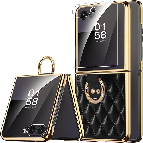Vista 8 de Miimall Funda de piel compatible con Samsung Galaxy Z Flip 5 5G 2023 con soporte de anillo de metal, [a prueba de golpes y caídas] Funda protectora