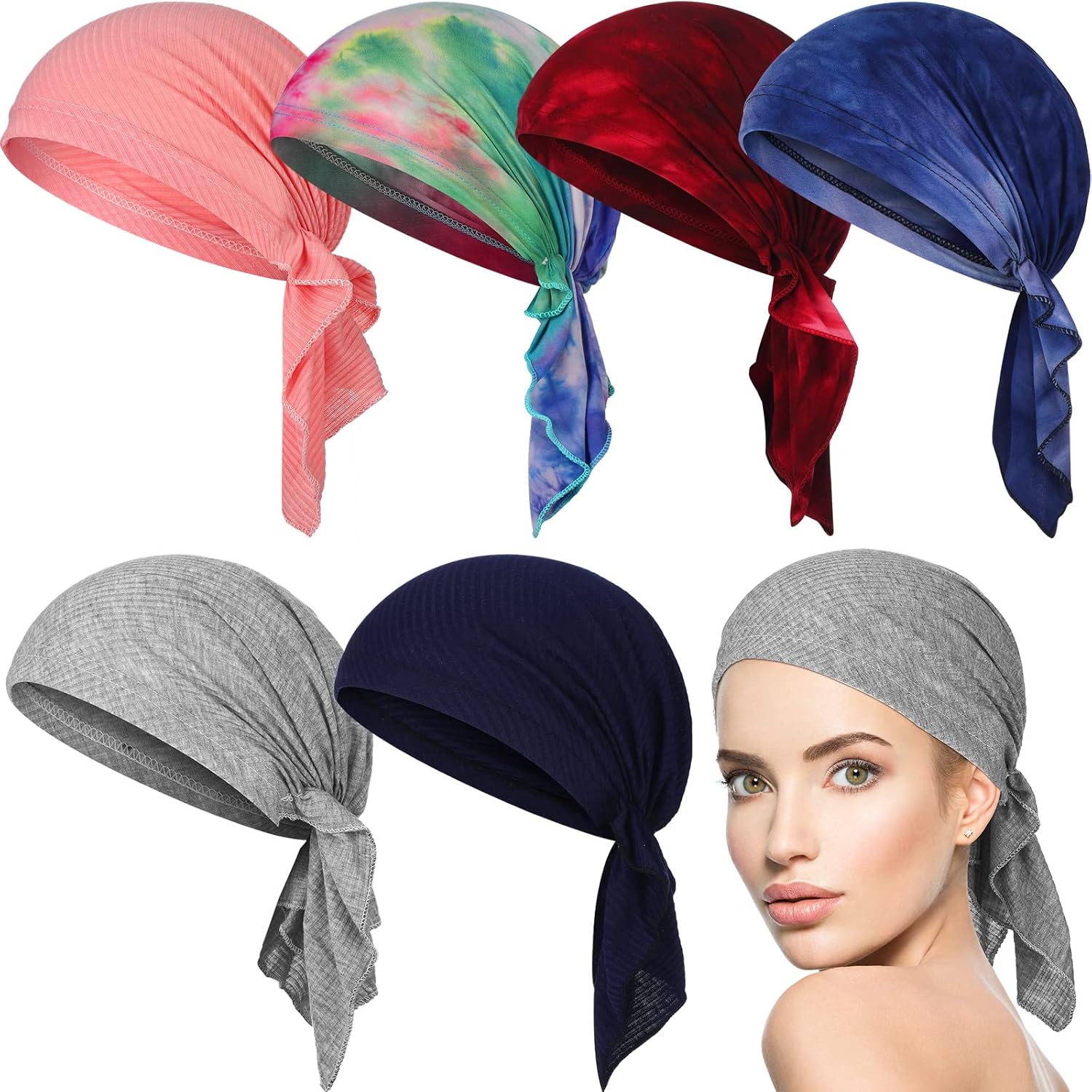 Geyoga 6 Pcs Pre-Tied Head Scarves for Women, Slip-on Headscarf Turban Hat with Stretch Print Ruffle Chemo Head Headwraps