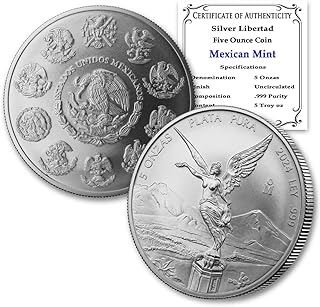 2024-5 oz Mexican Silver Libertad Coin Brilliant Uncirculated with Certificate of Authenticity - Moneda de Plata Pura de Ley 5 Onza Seller BU