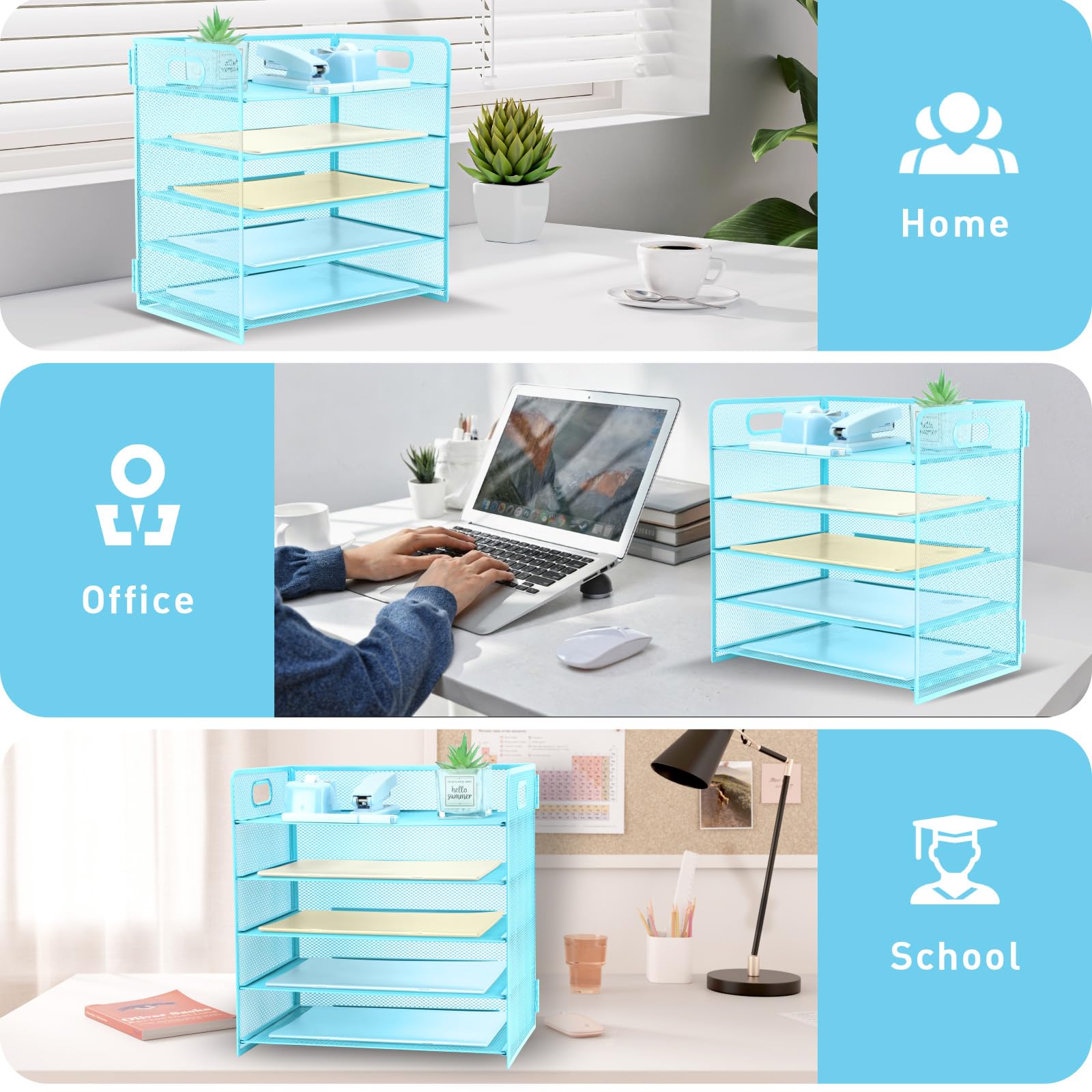 Organizador de papel de 5 niveles, bandeja de malla para cartas, revistas, archivos, almacenamiento para oficina, escuela, hogar, color azul
