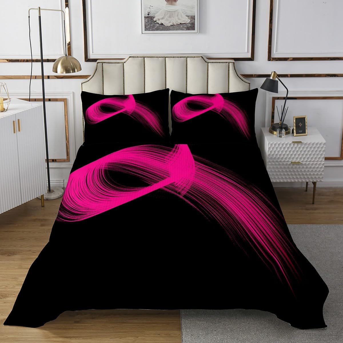 jejeloiu Pink Black Abstract Bedspread Twin Size Stripe Line Art Coverlet Set Neon Light Quilted Coverlet for All Season with 1 Pillowcase Modern Art Microfiber Lightweight