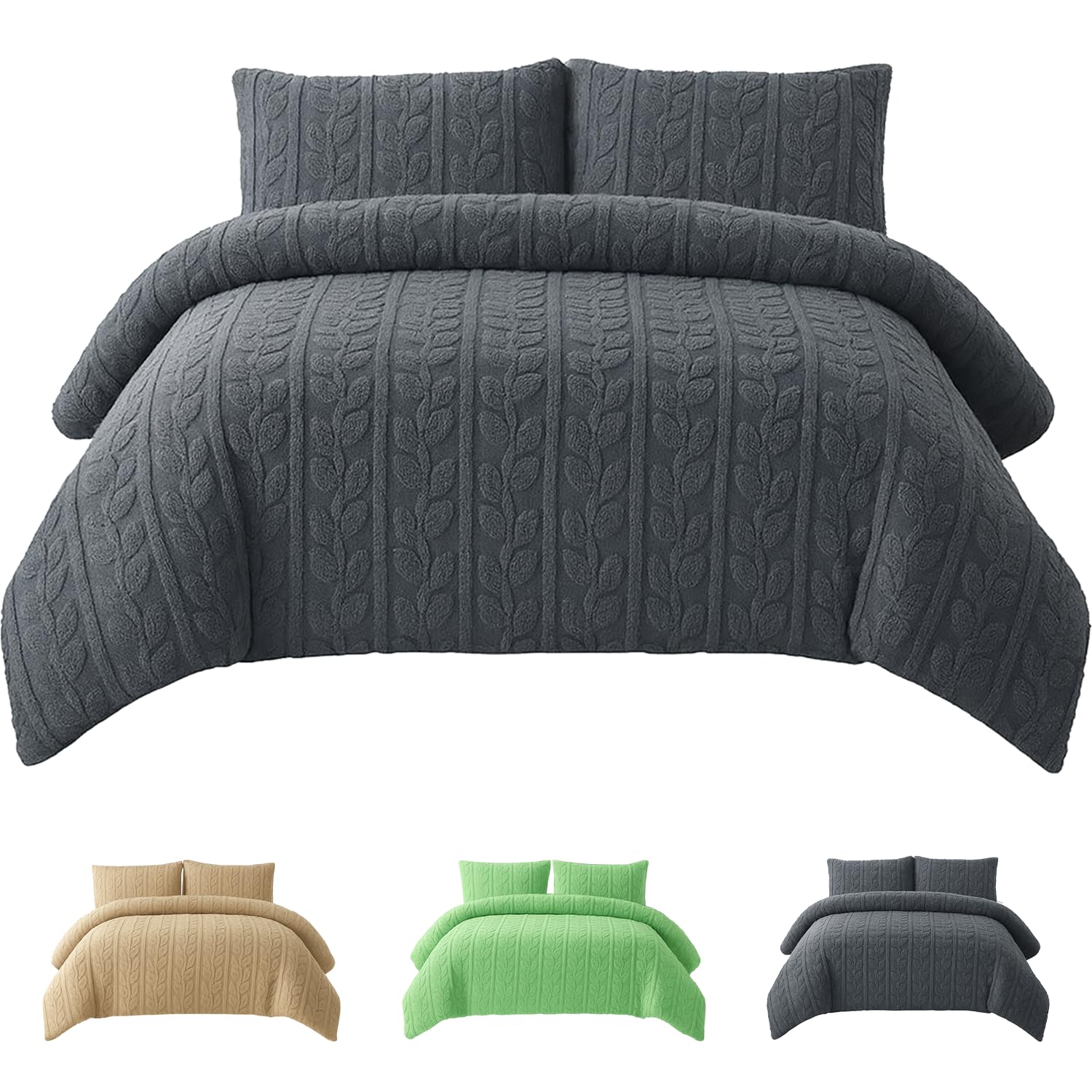 Rohi Grey Teddy Fleece Duvet Cover Set King – Soft & Cozy Bedding with Leaves Design Matching Pillowcases - Thermal Warmth Hypoallergenic & Breathable Quilt Cover Set King (230 x 220cm)