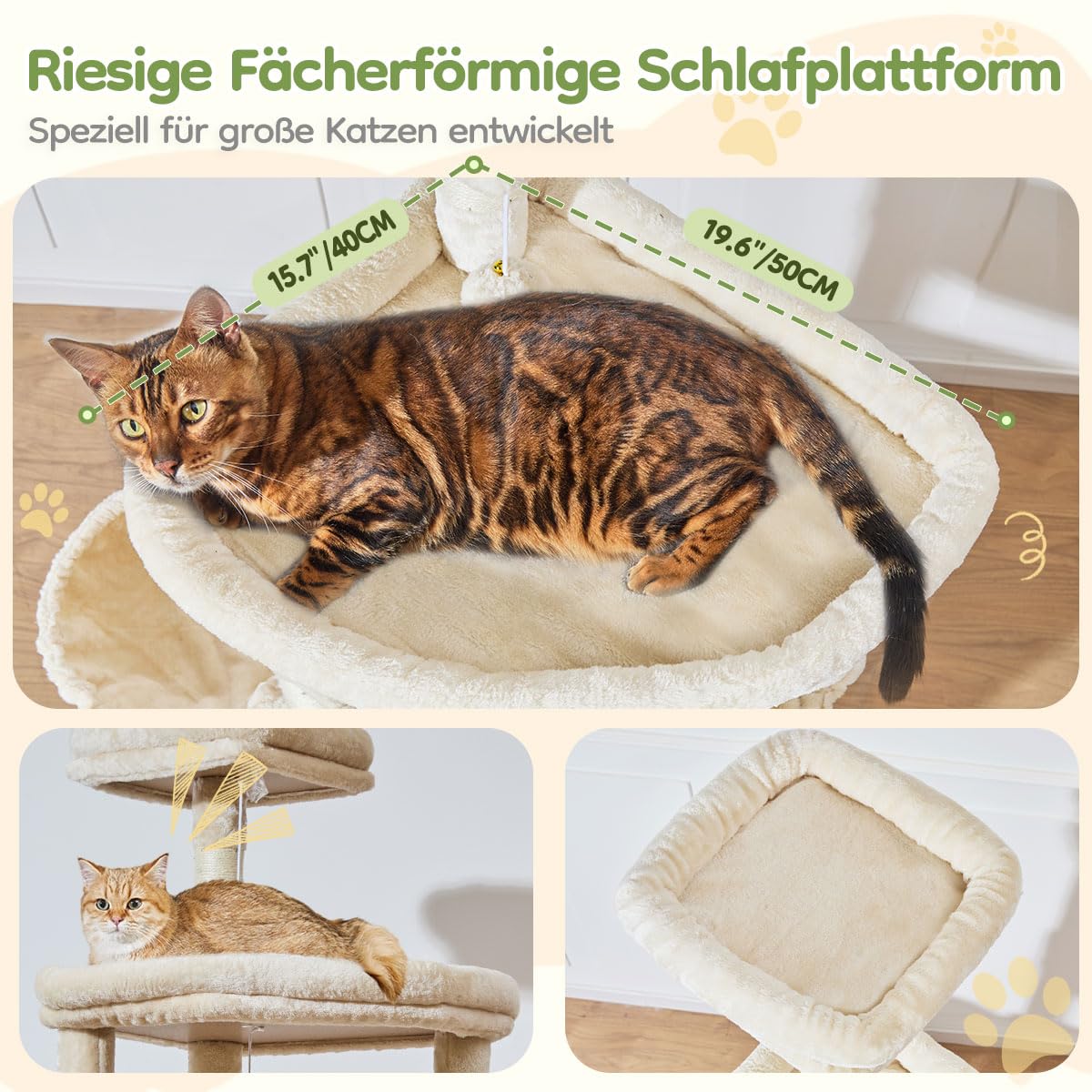 Taoqimiao 183cm Kratzbaum XXL, Großer Katzenbaum Für Große Katzen, MS045M | Stabil, Katzenkratztafel, Mehrstöckig, Einfache Montage, Große Plattform, Katzenhaus, Hängematte, 5 Kratzsäulen, Beige