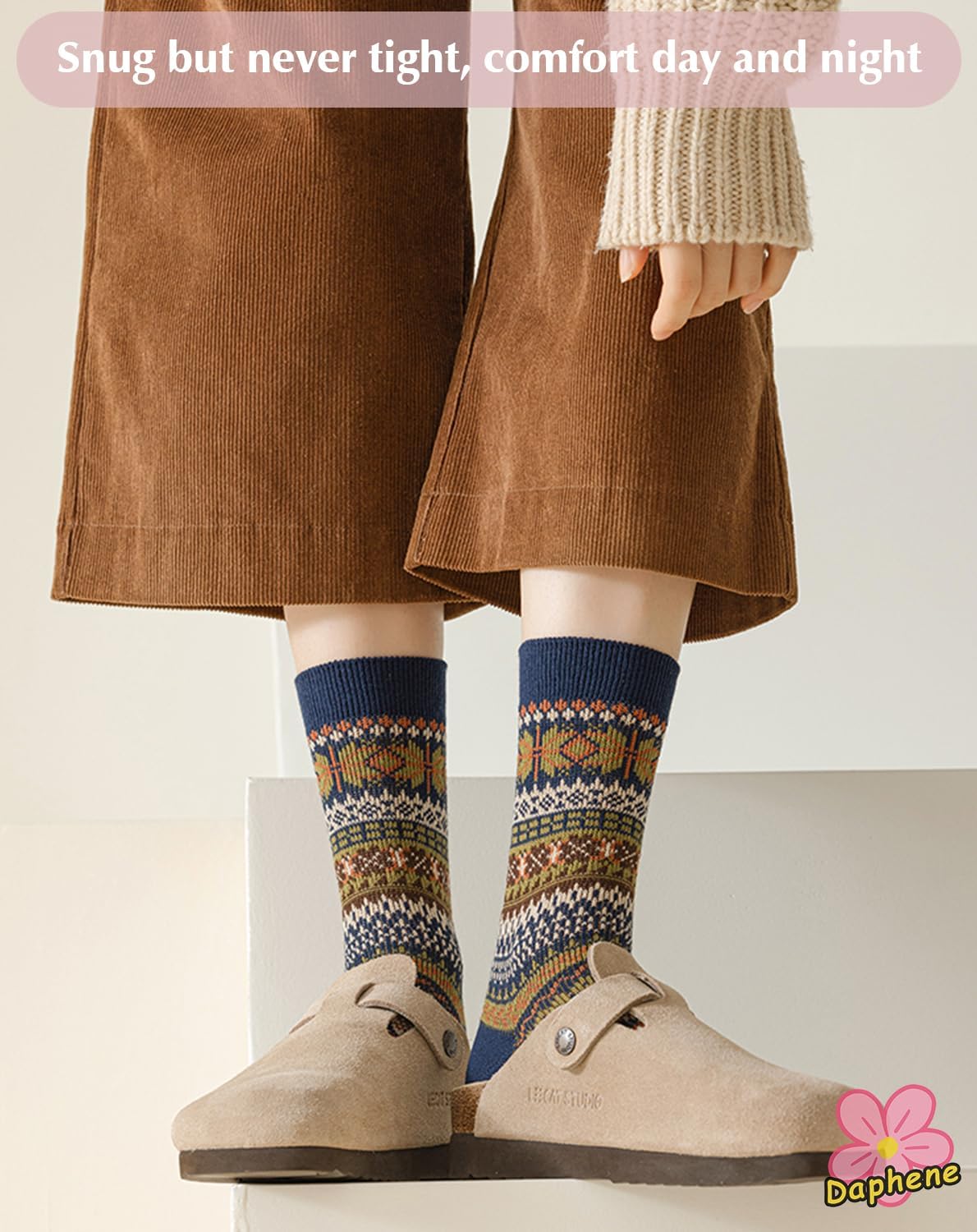 Daphene Women's Ethnic Vintage Socks | Premium Combed Cotton Warm | Retro Patterns Breathable Stretch Design | Holiday Gifts - Image 2