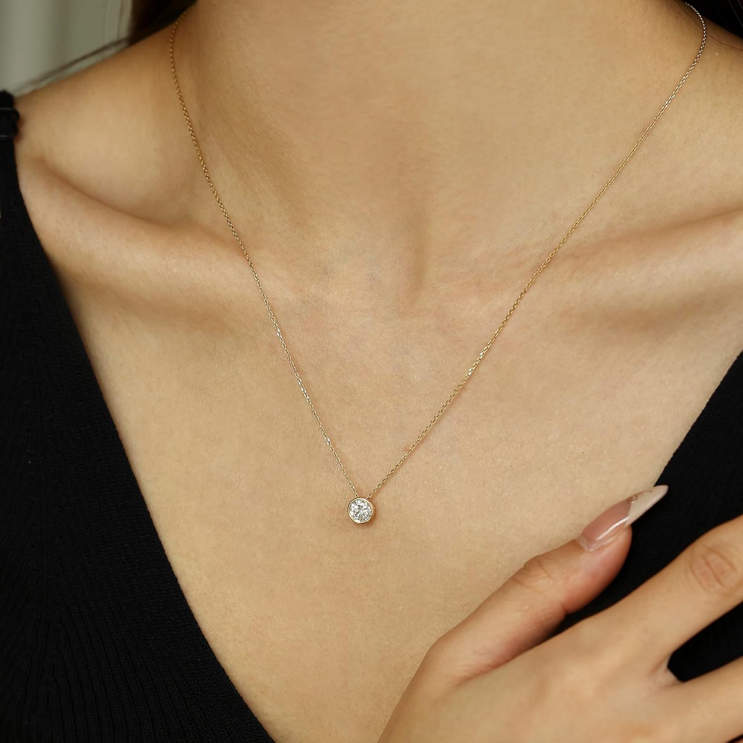 AGVANA Valentines Day Gifts Ray of Light 0.5-1 Ct Bezel Setting Round Solitaire Lab-Grown Diamond Pendant Necklace in 14K Solid Gold (D-E Color, VS Clarity) Fine Jewelry Anniversary Birthday Gifts for Women - Image 2