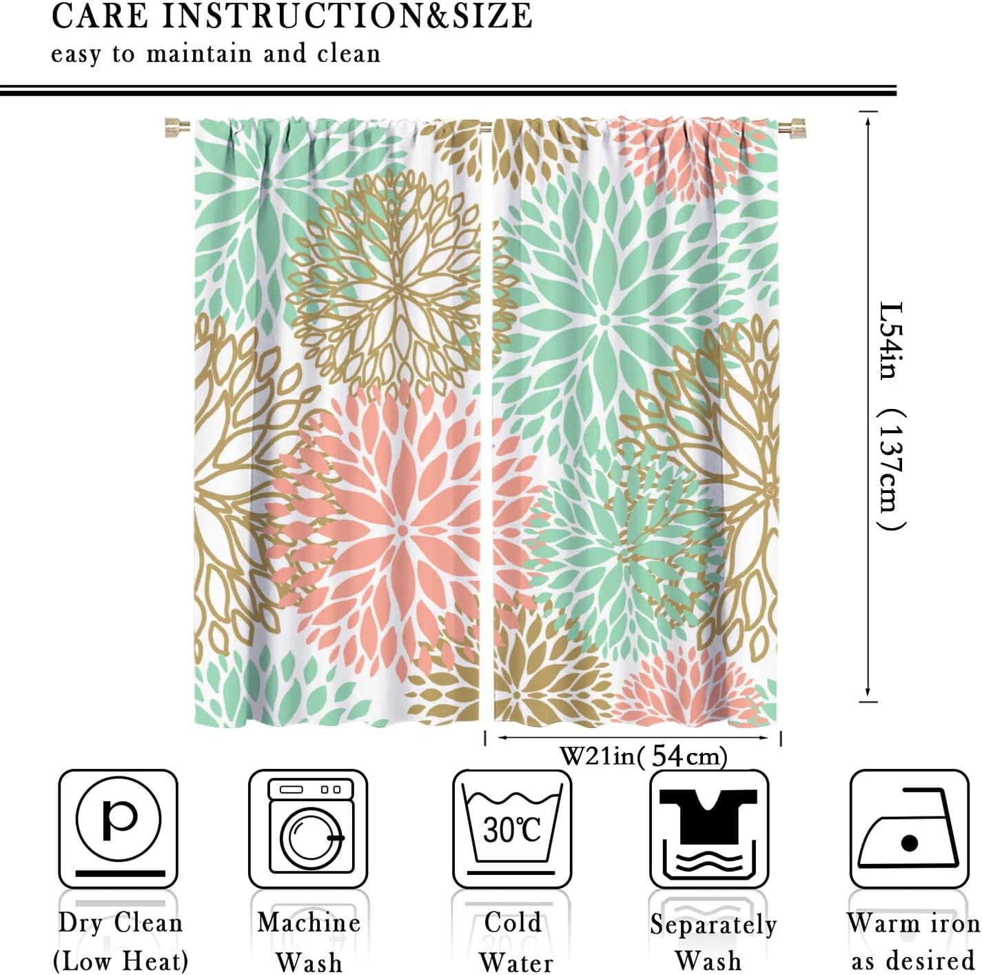 Pink Floral Curtains, Boho Dahlia Chrisanthemum Flowers Bright Colorful Window Treatments for Living Room Bedroom Kitchen, Floral Seamless Pattern Blackout Drapes 2 Panel Sets,42x54 Inch
