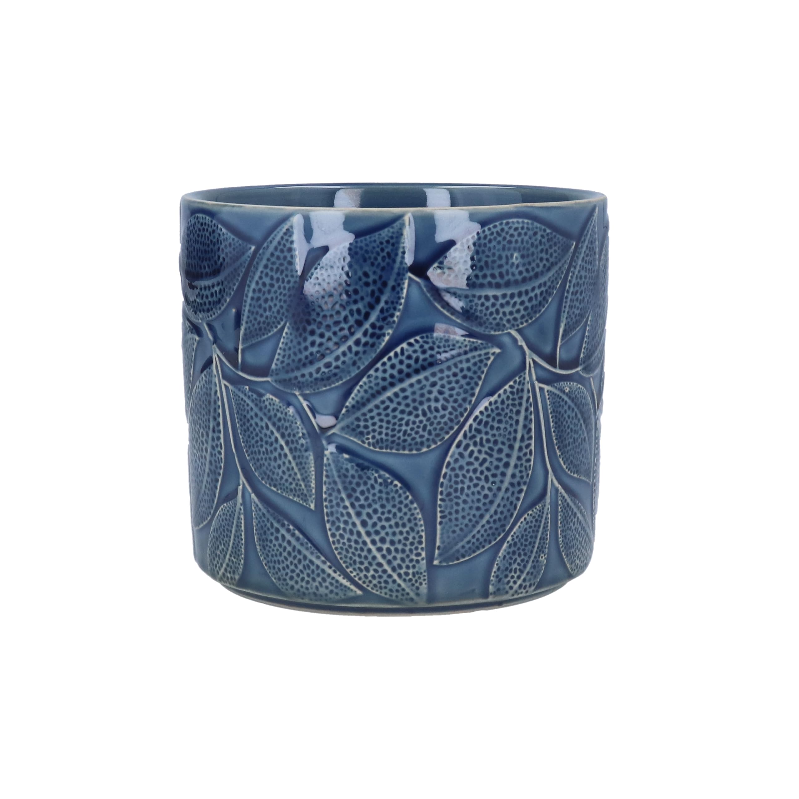 Gisela Graham Blue Stoneware Plant Pot Cover, Leaf Pattern, 14Cm X 12Cm, Glazed