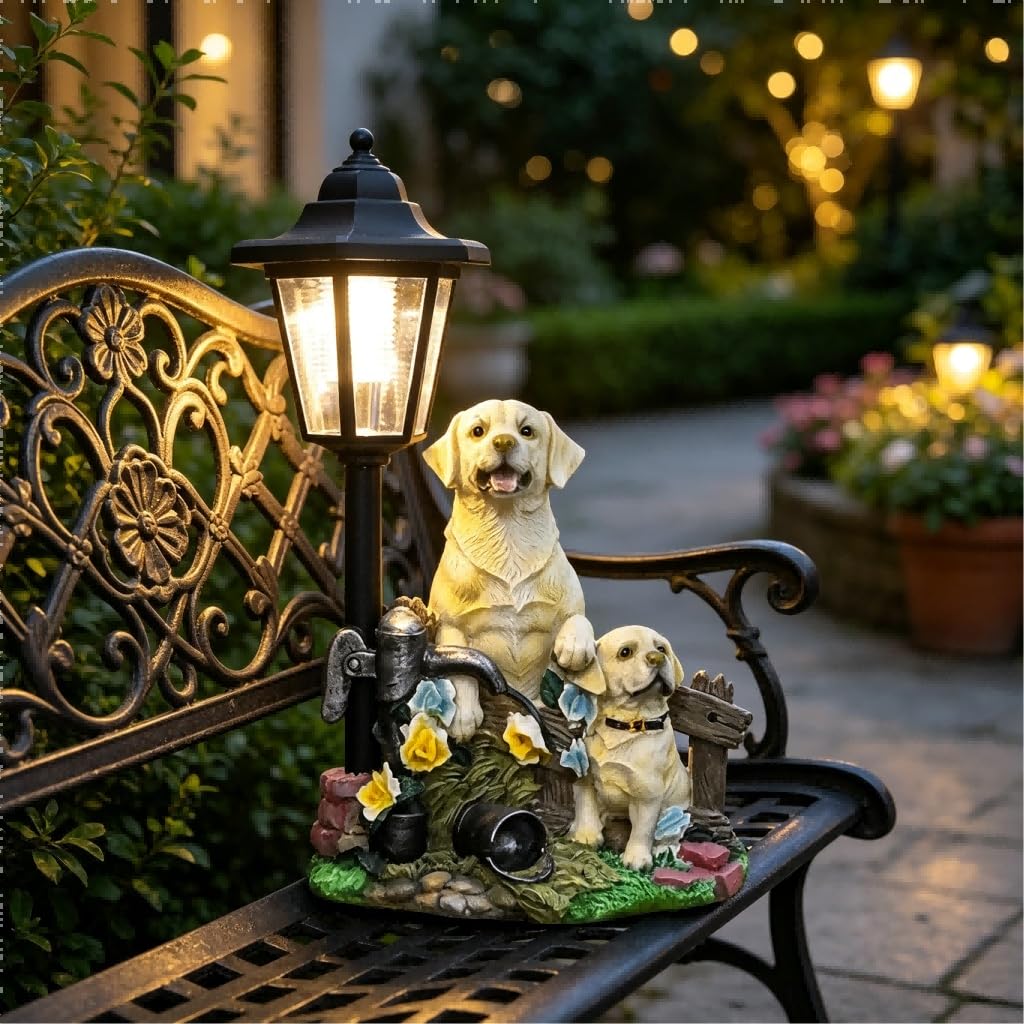 Estatua solar de perro, mascota de resina resistente a la intemperie para escultura para luz integrada, adorno decorativo de jardín para patio y césped