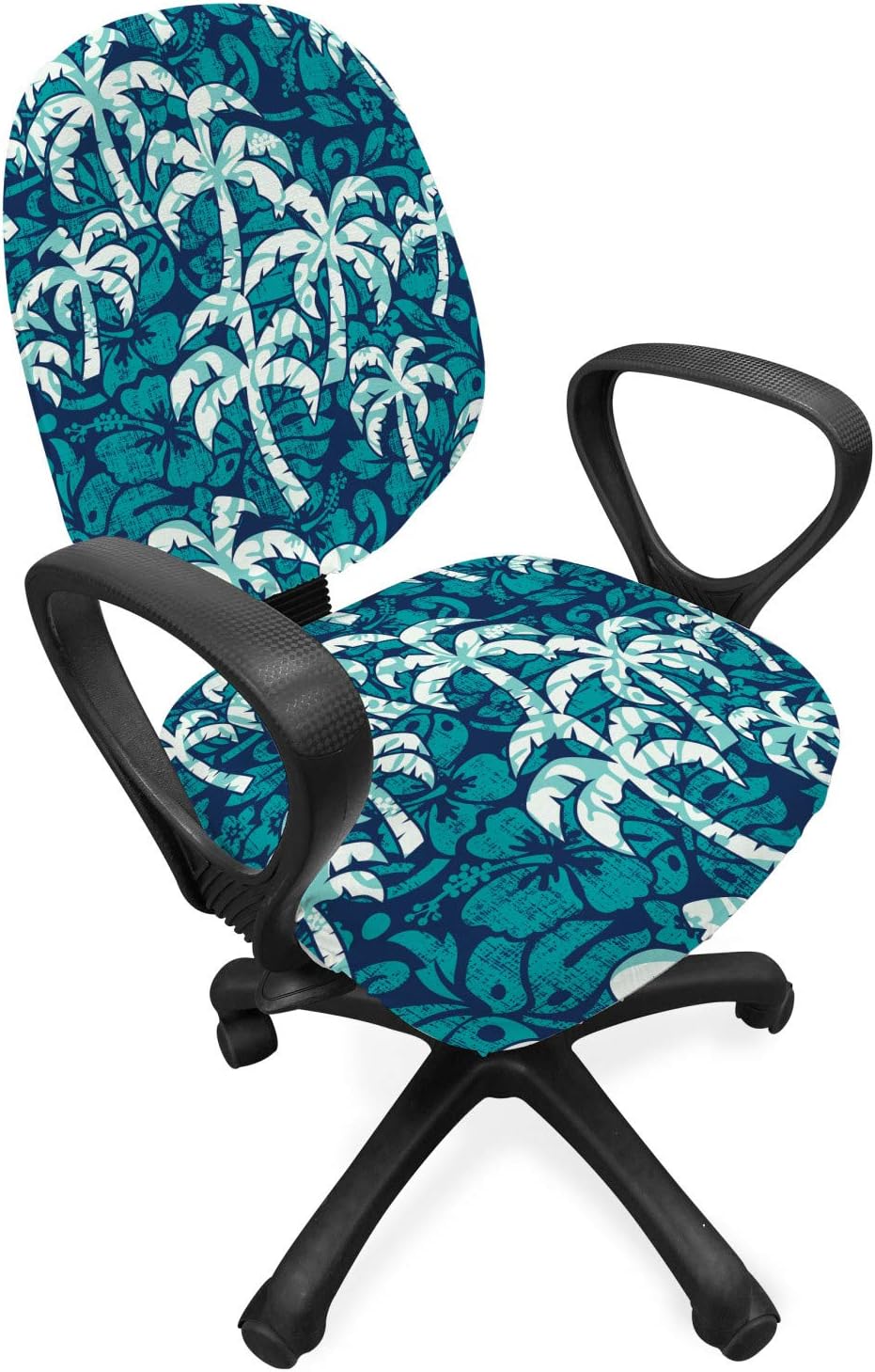 Lunarable Tropical Office Chair Slipcover, Jungle Forest Palms Island Foliage Rainforest Grunge Hibiscus Flowers, Protective Stretch Decorative Fabric Cover, Standard Size, Teal Blue