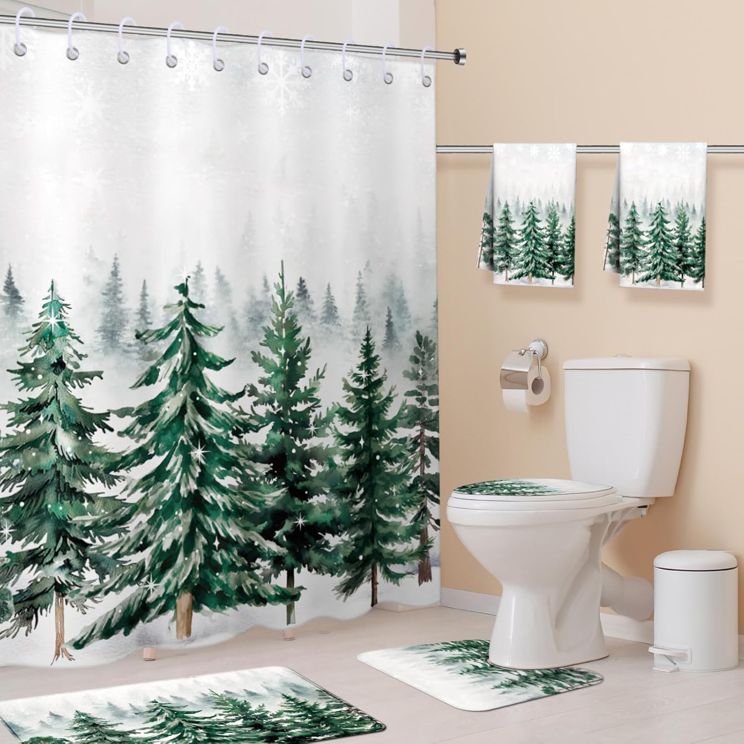 6 Pcs Winter Shower Curtain Sets Pine Tree Bathroom Set with Waterproof Shower Curtain 72 x 72 Inch Toilet Lid Cover Towel U Shap Rugs Non Slip Bath Mat Hook for Winter Holiday Bathroom Decor