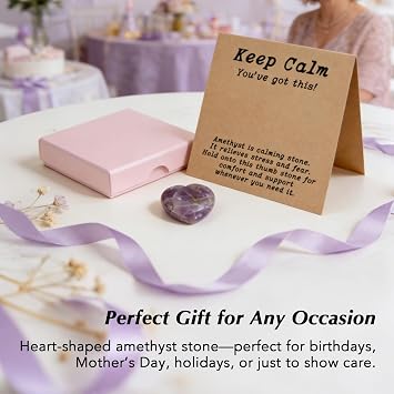 LIMGUVK Anxiety Support Gift for Women, Amethyst Crystal Worry Stone in Gift Box, Heart Thumb Stone for Calm and Comfort, Thinking of You Keepsake for Friend Sister Mom Daughter