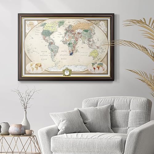 Miniatura 2 de Renditions Gallery Arte de Pared en Lienzo de Mapa del Mundo Colorido con Marco de Nogal y Oro Colgante de Pared Mapa de Viaje con Chinchetas para