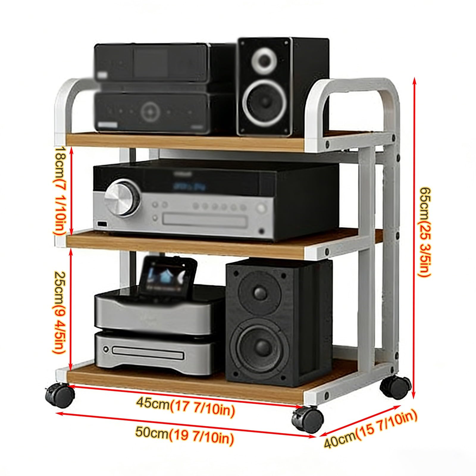 3-poziomowa wieża na kółkach z komponentami audio, stojak multimedialny stereo do pokoju gier, półka na sprzęt Hi-Fi, półka i otwarta szafka do przechowywania, mobilny organizer do kina domowego